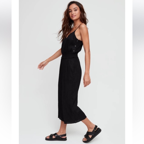 Aritzia Wilfred Irene Wide Leg Flowy Lace Trim V-Neck Black Modal Romper Size XS - Picture 2 of 16